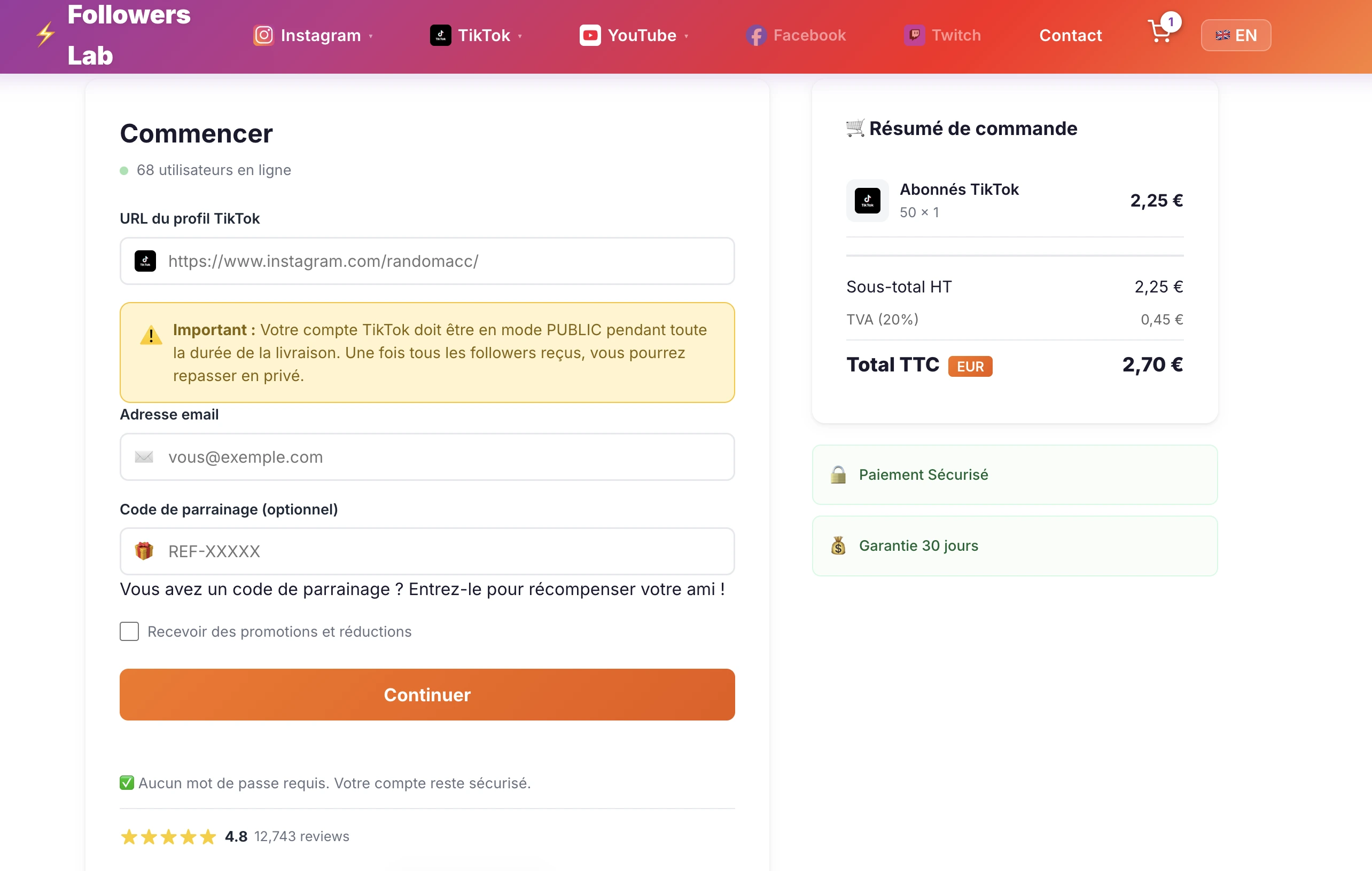 Comprare follower TikTok — il checkout su Followers-Lab